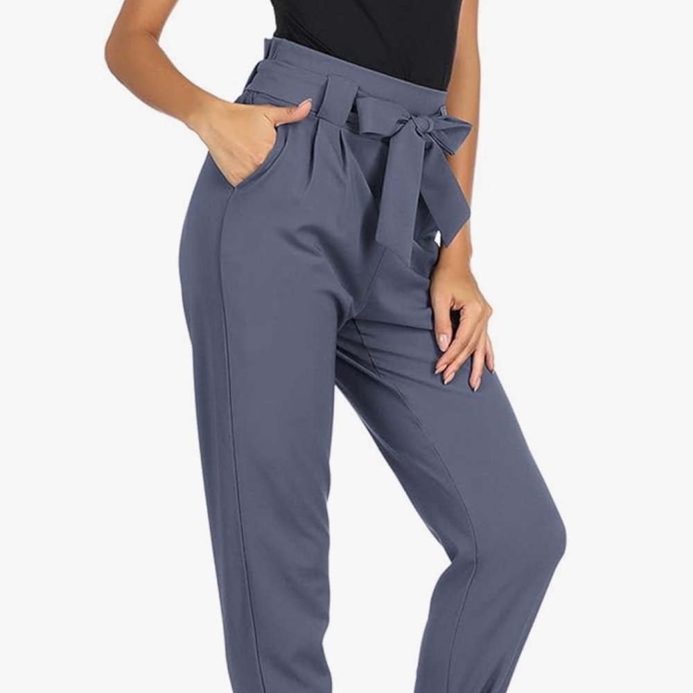 Grace Karin Dark Gray Slacks Women’s Size M Elastic High Waist with Tie Belt EUC
